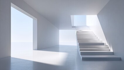 Fototapeta premium Modern white staircase, sunlit minimalist interior