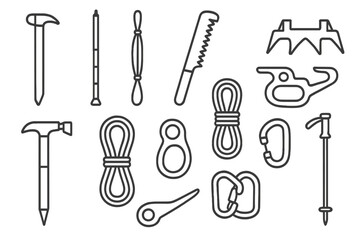 Obraz premium Icy Terrain Tools Icons. Line style icons of icy terrain tools: ice chisel, snow probe, snow saw, crampon spikes, tent peg hammer,