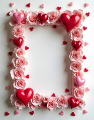Valentine's Day floral frame with hearts and roses on a white background.