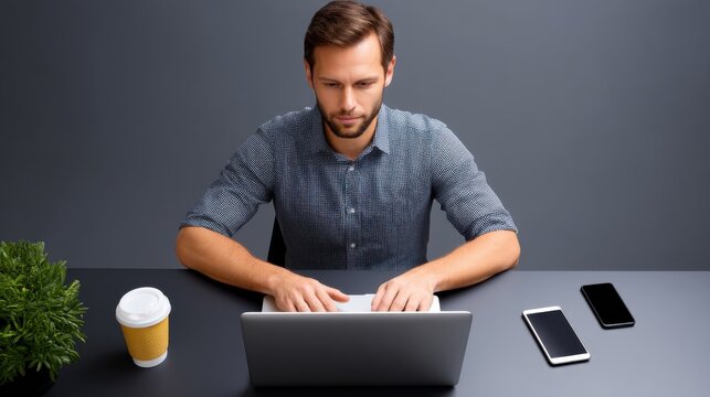 Young man working on laptop at desk with coffee and smartphones