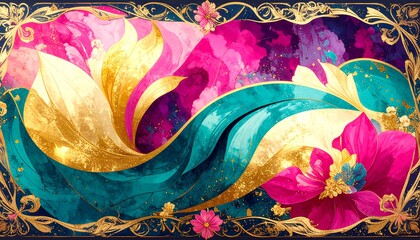 Ornate floral design with swirling teal and gold patterns