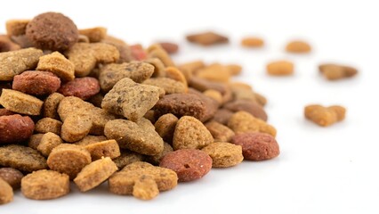 Close-up view of dry dog food pellets isolated on a white background. AI GENERATED.