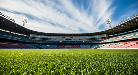 Modern Stadium with Grass Field and Empty Red and Blue Seats