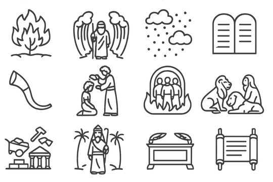 Old Testament Icons. Line style icons of Old Testament events: burning bush, parting of the Red Sea, manna from heaven, tablets of