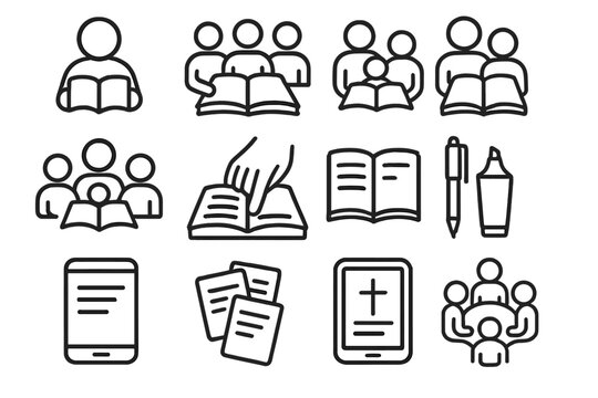 Bible Study Icons. Line style icons of Bible reading activities: person reading Bible, group Bible study, family devotion, youth