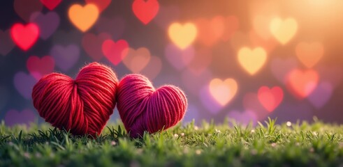 Two red yarn hearts on green grass with heart shaped bokeh lights