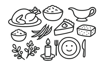 Thanksgiving Feast Icons. Thanksgiving dinner items in doodle icon style including turkey, mashed potatoes, gravy boat, cranberry