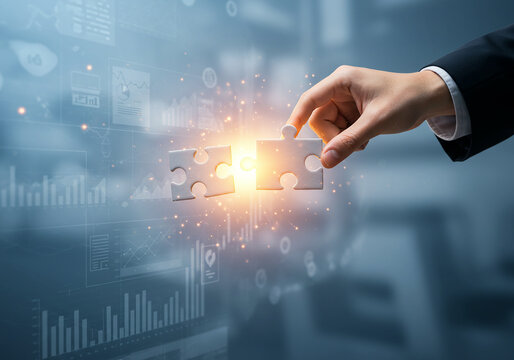 Connecting the pieces of success, a hand joins puzzle pieces with glowing light and business data