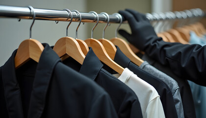 Clothes hanging on a rack with a hand in a black glove