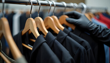 A person in a black glove selects a jacket from a clothing rack.