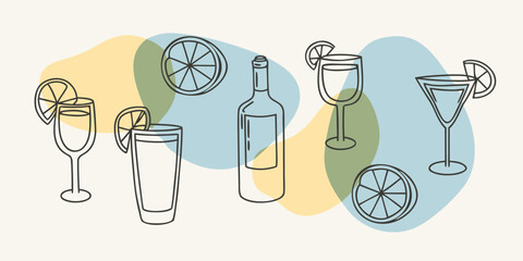 Hand-Drawn Cocktail and Citrus Pattern – Summer Drink Seamless Design, Hand drawn sketch style citrus and wine set Vector elegant doodle line illustration of lemons