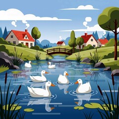 Fototapeta premium Tranquil cartoon scene of ducks swimming peacefully in a pond near quaint countryside cottages