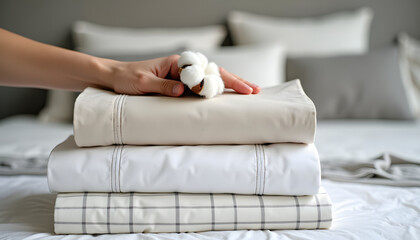 Soft cotton flower rests on a stack of folded bedsheets.