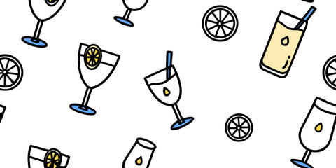 Hand-Drawn Cocktail and Citrus Pattern – Summer Drink Seamless Design, Hand drawn sketch style citrus and wine set Vector elegant doodle line illustration of lemons
