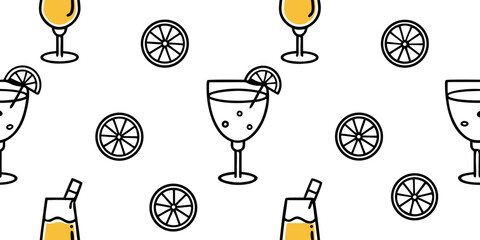 Hand-Drawn Cocktail and Citrus Pattern – Summer Drink Seamless Design, Hand drawn sketch style citrus and wine set Vector elegant doodle line illustration of lemons