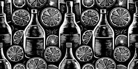 Hand-Drawn Cocktail and Citrus Pattern – Summer Drink Seamless Design, Hand drawn sketch style citrus and wine set Vector elegant doodle line illustration of lemons