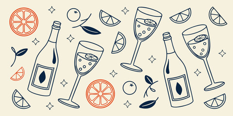 Hand-Drawn Cocktail and Citrus Pattern – Summer Drink Seamless Design, Hand drawn sketch style citrus and wine set Vector elegant doodle line illustration of lemons