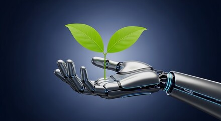 Robotic hand holding a growing green plant symbolizing technology and nature harmony