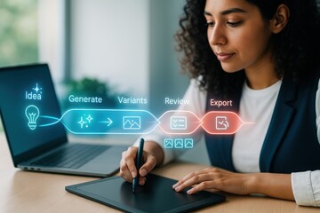 Creative idea generation process office environment digital content creation collaborative workspace professional perspective innovation workflow