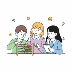 Three diverse children learning math together, with one boy using an abacus, one girl explaining, and another girl taking notes, surrounded by mathematical symbols.