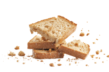 Pieces of bread rusks with scattered crumbs isolated on transparent background
