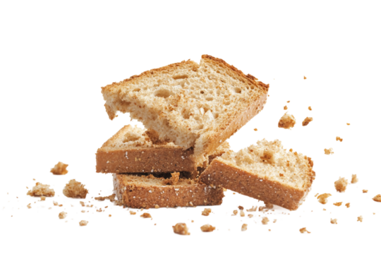 Pieces of bread rusks with scattered crumbs isolated on transparent background