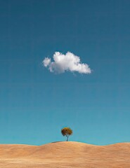 Solitary tree on hill, single cloud, blue sky
