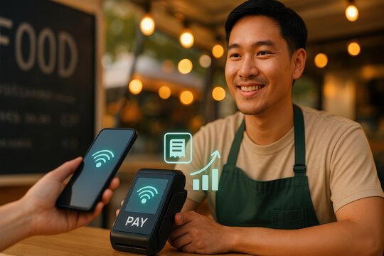 Seamless payment experience coffee shop digital transaction urban setting close-up view modern technology for enhanced customer engagement