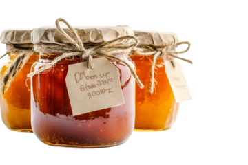 Jar of marmalade with handwritten tag isolated on transparent background