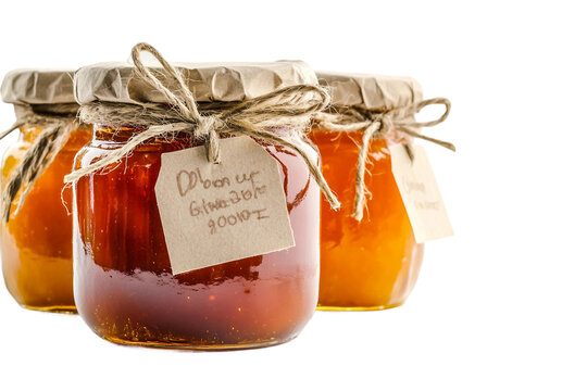 Jar of marmalade with handwritten tag isolated on transparent background