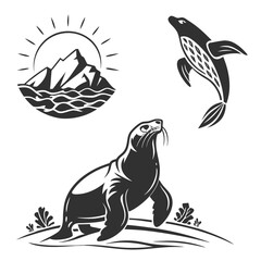 Monochrome seal illustration, featuring mountain and sun
