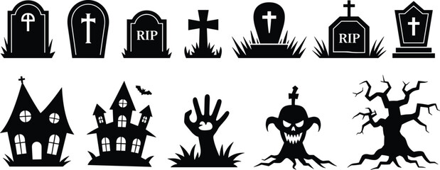Halloween graveyard vector set with tombstones, haunted houses, zombie hand, evil pumpkin, creepy tree, scary cross and spooky elements.