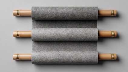 Gray felt scrolls on wooden rods
