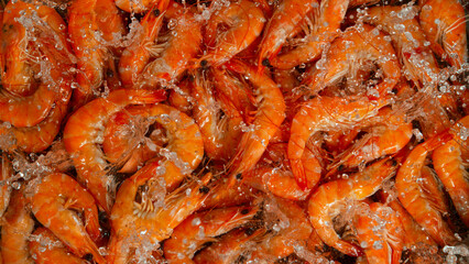 Falling tasty orange prawns into water, close-up