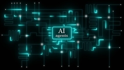 Abstract glowing circuit board with ai agents text in center artificial intelligence