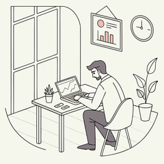 Illustration of a man working on a laptop at a desk with a window view