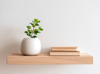 Simple wooden shelf with plant and books