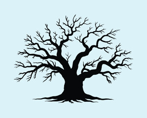 Abstract leafless oak tree vector silhouette, featuring intricate branches and roots, perfect for clipart, nature-themed designs, logos, educational content, environmental initiatives, and creative di