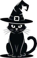 Halloween, black, cat, witch, hat, spooky, silhouette, magical, vector, illustration, curled, tail, pointed, buckle, eyes, whiskers, eerie, minimal, clean, design