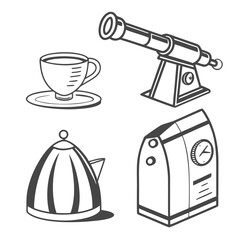 Collection of kitchenware and telescope