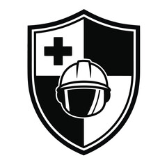 Minimalist black and white vector illustration of shield and first aid cross combined with safety helmet on white background