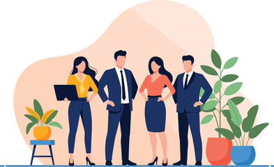 Corporate team, professional business people, confident office staff, teamwork, leadership, modern attire, flat illustration, vector concept, workplace diversity
