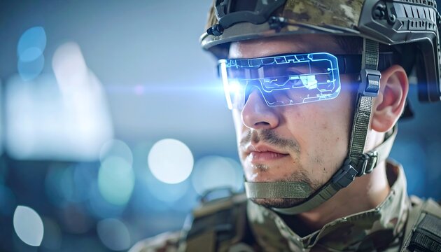 Close-up of a soldier in camouflage gear wearing futuristic, digitally enhanced eyewear. Focus is on face and eyes, showcasing technology integration - Powered by Adobe