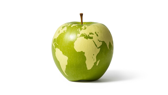 Green apple with world map fruit continents