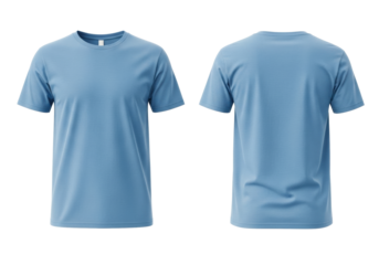 Light blue short-sleeved cotton t-shirt, classic crew neck, front and back views, isolated on transparent background with copy space, concept for professional apparel mockup.