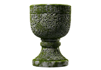 Ornate stone chalice, adorned with intricate carvings and covered in moss, presented against a stark black backdrop.