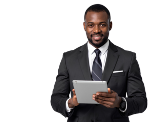 Handsome businessman using a tablet and working, isolated on transparent background.