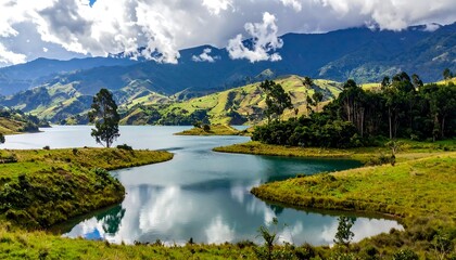 Serene mountain lake landscape with tranquil waters reflecting a cloudy sky, surrounded by lush greenery and rolling hills.