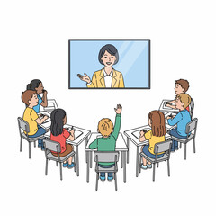Students in a classroom watching a teacher on a screen.