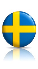 A glossy, circular representation of the Swedish flag, featuring a yellow cross on a field of blue, with a reflected image below.